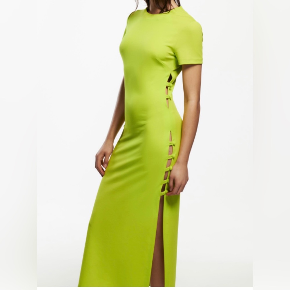 ZARA XS Lime Green Maxi Dress With Side Button Cut Outs